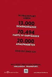Rotes Plakat zum Thema Inklusion mit der Aufschrift „In Frankfurt leben 13.000 Demenzkranke, 70.494 Hartz-IV-Empfänger, 20.000 Analphabeten und Du und ich. Inklusion Frankfurt.“