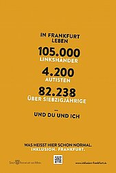 Gelbes Plakat zum Thema Inklusion mit der Aufschrift „In Frankfurt leben 105.000 Linkshänder, 4.200 Autisten, 82.238 Über Siebzig-jährige und Du und ich. Inklusion Frankfurt.“