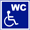 Bild: Weißer Rollstuhl auf blauem Grund mit Aufschrift WC
